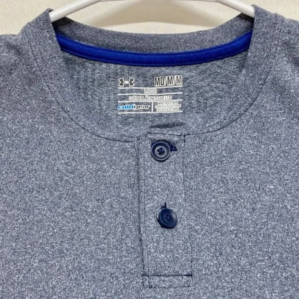 Under Armour Long Sleeve Men's Medium Heather Blue Loose Fit Coldgear Henley EUC